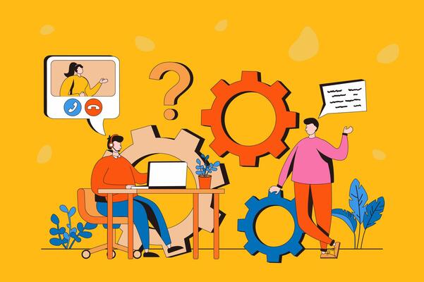 Technical support web concept in flat 2d design. Men consult clients and solve techn problems, helping clients and receive feedback. Online customer service. illustration with people scene