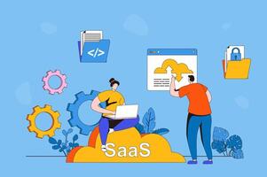 saas web concepto en plano 2d diseño. mujer trabajos en ordenador portátil y usos basado en suscripción programas hombre utilizando software y nube almacenamiento. software como un servicio. ilustración con personas escena vector