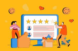 Feedback page web concept in flat 2d design. Clients leave comments with experiences, ratings and reviews. Customer satisfaction and service quality evaluation. illustration with people scene vector