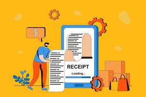 Electronic receipt web concept in flat 2d design. Man receives invoice and pays it online using mobile app on his smartphone. Banking services and transactions. illustration with people scene vector