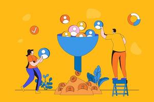 Sale funnel web concept in flat 2d design. Man and woman attract new customers and convert into purchases and sales. Marketing tool for commerce and business. illustration with people scene vector