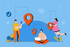 geolocalización web concepto en plano 2d diseño. hombres y mujer utilizando GPS navegación con alfiler ubicación en aplicaciones para teléfono inteligente o computadora portátil, buscar destino y distancia. ilustración con personas escena vector