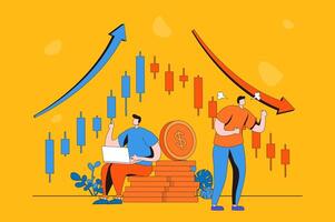 Stock market web concept in flat 2d design. Men analyze market trends, traders buy and sell shares of companies, invest money and increase or lose income. illustration with people scene vector