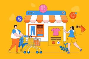 compras web concepto en plano 2d diseño. hombre y mujer son compras en almacenar. los compradores haciendo compras en línea. los compradores escoger bienes, pago y utilizando entrega. ilustración con personas escena vector