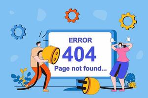 Page not found web concept in flat 2d design. Woman and man having problems with Internet connection and 404 error on website, technical support maintains site. illustration with people scene vector