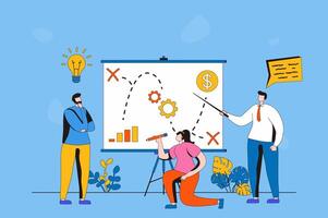 Strategic planning web concept in flat 2d design. Men and woman create plan, discuss and generate ideas, analyze statistics, create strategy for business. illustration with people scene vector