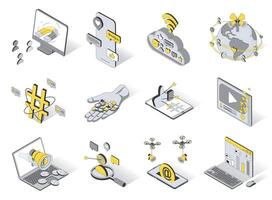 Social media service concept 3d isometric icons set. Pack elements of content, emoji, like, hashtag, target, , post, megaphone, marketing and other. illustration in modern isometry design vector