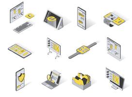 usuario interfaz concepto 3d isométrica íconos colocar. paquete elementos de ui diseño para computadora, tableta, teléfono inteligente, junta, mirar, contenido, software y otro. ilustración en moderno isometria diseño vector