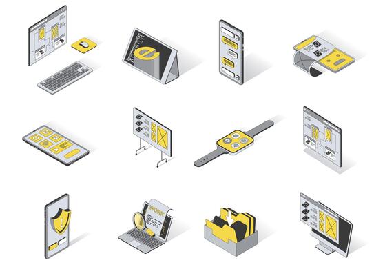 User interface concept 3d isometric icons set. Pack elements of ui layout for computer, tablet, smartphone, board, watch, content, software and other. illustration in modern isometry design