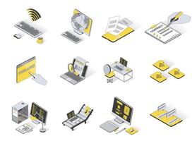 Freelance concept 3d isometric icons set. Pack elements of wifi, online, global internet, computer, document, contract, work, search, workplace and other. illustration in modern isometry design vector