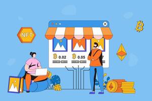 NFT token web concept in flat 2d design. Woman and man create digital works of art with non-fungible token, sell and buy on marketplaces, invest cryptocurrency. illustration with people scene vector