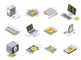 Computer elements concept 3d isometric icons set. Pack elements of laptop, processor, touchpad, keyboard, monitor, cpu, ssd, card, gpu and other. illustration in modern isometry design vector