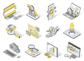 Seo optimization service concept 3d isometric icons set. Pack elements of search engine, growth traffic, analysis, settings, cloud computing and other. illustration in modern isometry design vector