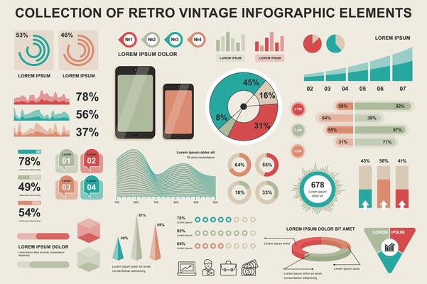 Bundle vintage infographic elements data visualization design template. Can be used for steps, business processes, workflow, diagram, flowchart, timeline, marketing icons, retro infographics.