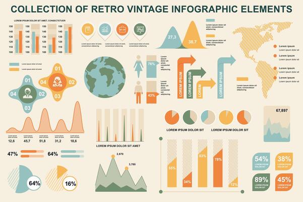 Bundle vintage infographic elements data visualization design template. Can be used for steps, business processes, workflow, diagram, flowchart, timeline, marketing icons, retro infographics.