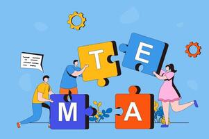 Teamwork web concept in flat 2d design. Men and woman hold puzzle pieces and put them together. Team collaborates and works together. Business development. illustration with people scene vector