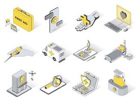 Medical service concept 3d isometric icons set. Pack elements of online consultation, healthcare, cardiology, temperature, ambulance, genetic and other. illustration in modern isometry design vector