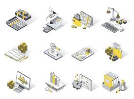 contabilidad concepto 3d isométrica íconos colocar. paquete elementos de cálculo de dinero balance, bancario, impuesto pago, financiero análisis, auditoría y otro. ilustración en moderno isometria diseño vector