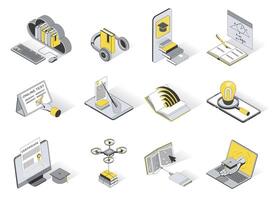 Online education concept 3d isometric icons set. Pack elements of ebook library, listening audio books, webinar, lessons, exam test and other. illustration in modern isometry design vector