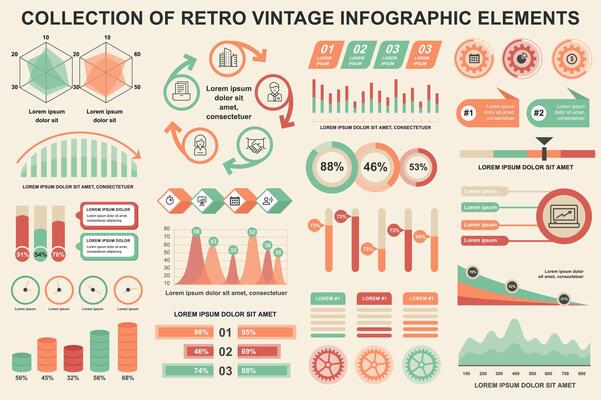 Bundle vintage infographic elements data visualization design template. Can be used for steps, business processes, workflow, diagram, flowchart, timeline, marketing icons, retro infographics.