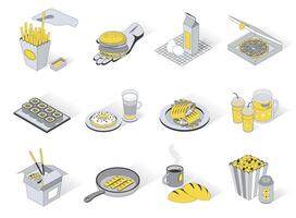 Foodstuffs concept 3d isometric icons set. Pack elements of fries, hamburger, egg, milk, pizza, sushi, donut, burrito, lemonade, noodles, tea and other. illustration in modern isometry design vector