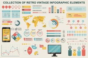 Bundle vintage infographic elements data visualization design template. Can be used for steps, business processes, workflow, diagram, flowchart, timeline, marketing icons, retro infographics. vector