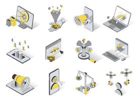 Marketing concept 3d isometric icons set. Pack elements of target, advertisement, attracting, data analysis, megaphone, business communication and other. illustration in modern isometry design vector