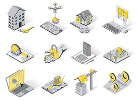 Real estate concept 3d isometric icons set. Pack elements of house, key, rent, sell, buy, blueprint, search, building, apartment, property and other. illustration in modern isometry design vector