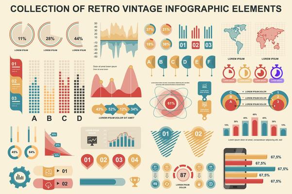 Bundle vintage infographic elements data visualization design template. Can be used for steps, business processes, workflow, diagram, flowchart, timeline, marketing icons, retro infographics.
