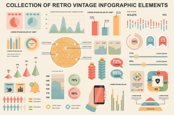 Bundle vintage infographic elements data visualization design template. Can be used for steps, business processes, workflow, diagram, flowchart, timeline, marketing icons, retro infographics.