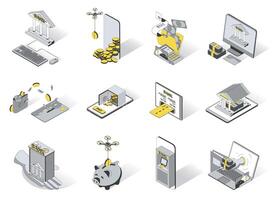 Banking concept 3d isometric icons set. Pack elements of bank application, tax payment, deposit, money transfer, financial analysis, audit and other. illustration in modern isometry design vector