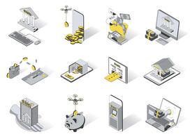 bancario concepto 3d isométrica íconos colocar. paquete elementos de banco solicitud, impuesto pago, depósito, dinero transferir, financiero análisis, auditoría y otro. ilustración en moderno isometria diseño vector