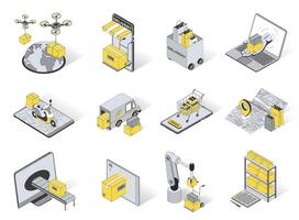 Delivery concept 3d isometric icons set. Pack elements of flying drone, global shipping, online shopping, tracking app, upload, warehouse and other. illustration in modern isometry design vector