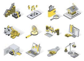 Finanzas concepto 3d isométrica íconos colocar. paquete elementos de financiero análisis, dinero, ganancia, ganador, billetera, contabilidad, ahorros, cerdito banco y otro. ilustración en moderno isometria diseño vector