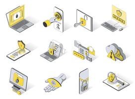 Cyber security concept 3d isometric icons set. Pack elements of password, fingerprint scanner, padlock, profile, firewall, virus protection and other. illustration in modern isometry design vector