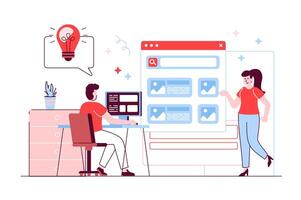 Designer studio concept in flat line design. Man and woman working together at creative project, generate ideas and making layout of websites. illustration with outline people scene for web vector