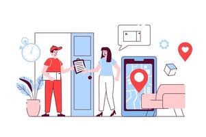 Delivery service concept in flat line design. Courier delivers parcel. Woman receives order at home by tracking package on mobile phone app. illustration with outline people scene for web vector