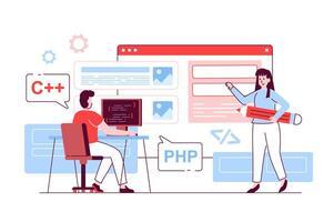 UI UX Programming concept in flat line design. Man and woman create user interface, optimize layout, working with code, making and testing apps. illustration with outline people scene for web vector