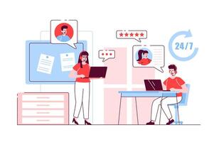 Call center concept in flat line design. Man and woman operators in headphones talking with clients, consulting, receiving questions and feedback. illustration with outline people scene for web vector