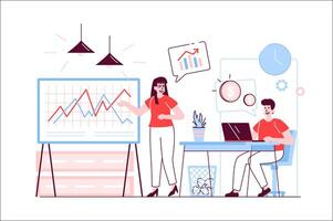 Business meeting concept in flat line design. Man and woman discussing company performance at conference, coaching at professional training. illustration with outline people scene for web vector