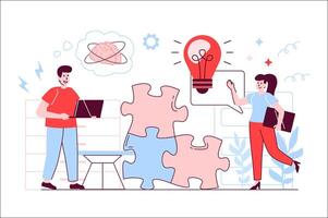 Creative agency concept in flat line design. Man and woman generate new ideas, business brainstorming and creative solution, teamwork on project. illustration with outline people scene for web vector