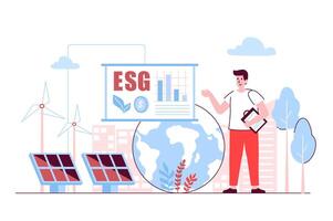 ESG concept in flat line design. Environmental, Social and Governance. Man developing business strategy using green and eco friendly technology. illustration with outline people scene for web vector