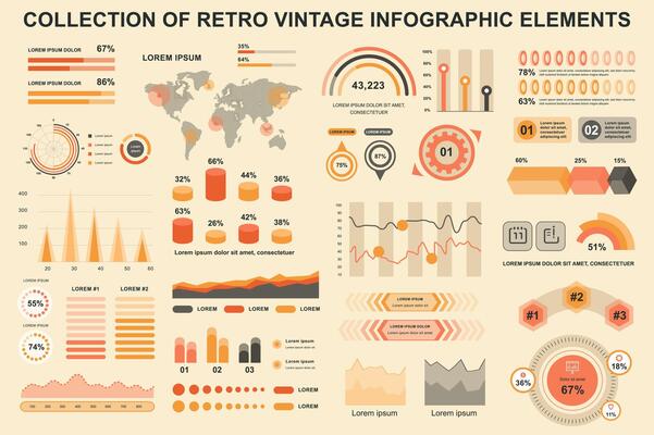 Bundle vintage infographic elements data visualization design template. Can be used for steps, business processes, workflow, diagram, flowchart, timeline, marketing icons, retro infographics.