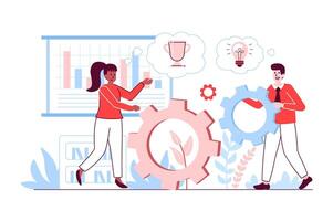 Teamwork concept in flat line design. Man and woman colleagues working together, generate success ideas, improve business and achieve goals. illustration with outline people scene for web vector