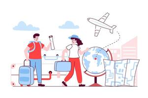 viaje vacaciones concepto en plano línea diseño. hombre y mujer con maletas y mochila Vamos en internacional avión viaje. global turismo recreación. ilustración con contorno personas escena para web vector