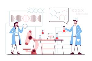 Medical laboratory concept in flat line design. Employees in uniform do tests and scientific research using microscope and other lab equipment. illustration with outline people scene for web vector