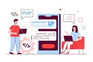 aplicación desarrollo concepto en plano línea diseño. hombre y mujer desarrolladores crear aplicaciones, código y prueba, hacer diseño y software interfaz. ilustración con contorno personas escena para web vector