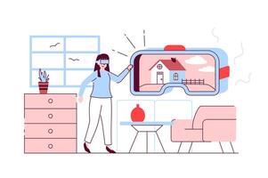 Augmented reality concept in flat line design. Woman using VR headset for working with graphic projection of house at architectural project. illustration with outline people scene for web vector