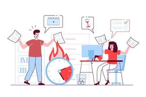 Deadline at office concept in flat line design. Worried man and woman rush to complete tasks from list, time is counting down for busy team. illustration with outline people scene for web vector
