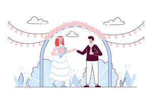 Wedding ceremony concept in flat line design. Happy bride and groom stand under wedding arch of flowers. Couple in love getting married event. illustration with outline people scene for web vector